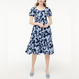 J.Crew Blue Floral Tiered Poplin Puff‎ Sleeve Midi Dress Sz 2